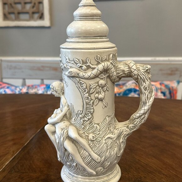 vintage ceramic beer stein depicting Adam and Eve in the "Paradise" garden - Picture 2 of 7